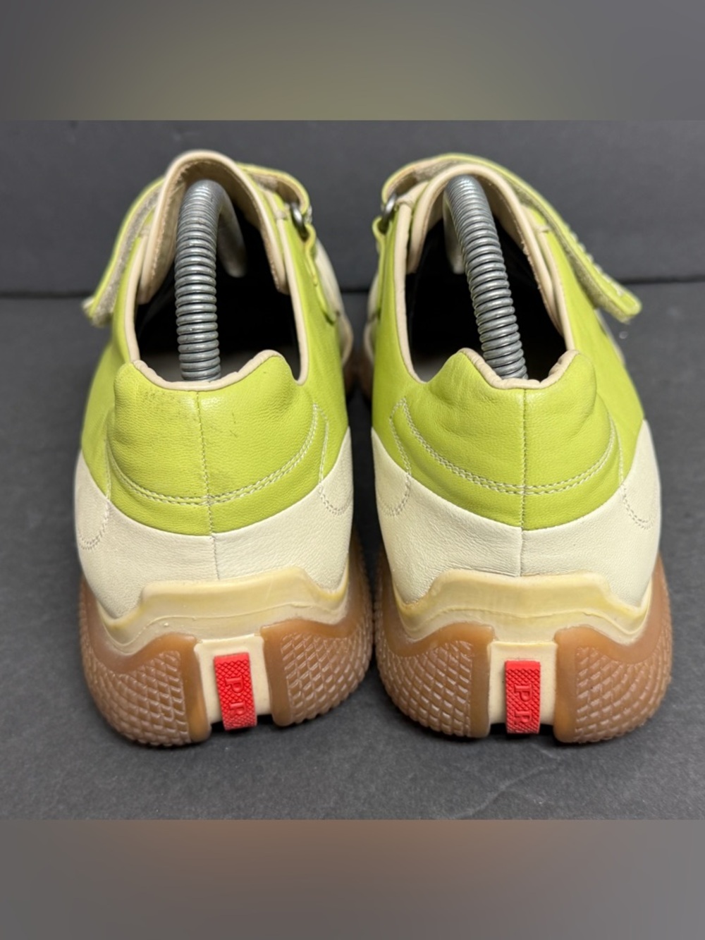 PRADA Sneakers 2 Straps AMERICAS CUP ORIGINAL Lime Tan Leather Size 8 EU 41 RARE - Picture 6 of 10